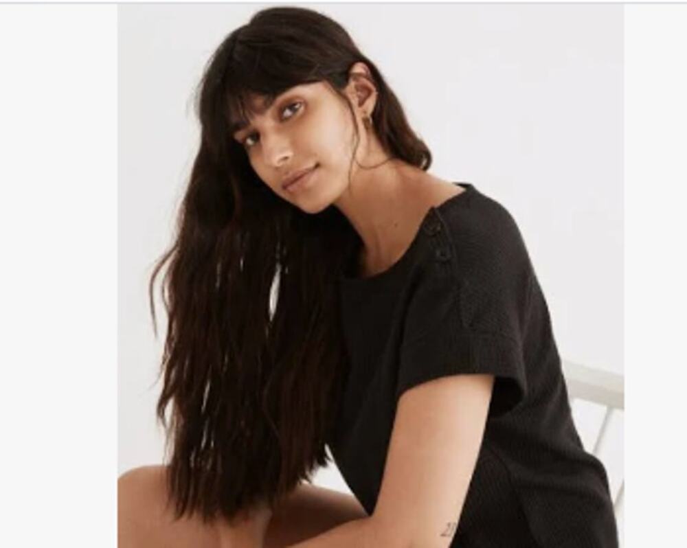 Madewell Seersucker Top 3 Button Shoulder Waffle Pattern Black Small